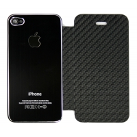 Задняя крышка-флип для iPhone 4S металл + кожа (черная/черная) (прозрачный бокс)