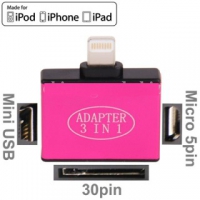 Переходник 3 в 1 для Apple с 30 pin/micro USB/mini USB на 8 pin lighting (розовый/коробка)