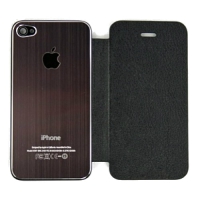 Задняя крышка-флип для iPhone 4S металл + кожа (коричневая/черная) (прозрачный бокс)