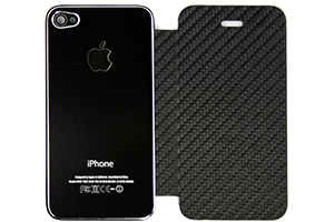 Задняя крышка-флип для iPhone 4S металл + кожа (черная/черная) (прозрачный бокс)