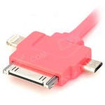 USB Дата-кабель 3 в 1 (micro USB/Apple 30pin/Apple 8pin/LED индикатор) (плоский розовый/европакет)