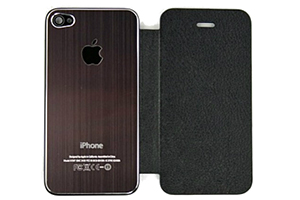 Задняя крышка-флип для iPhone 4S металл + кожа (коричневая/черная) (прозрачный бокс)